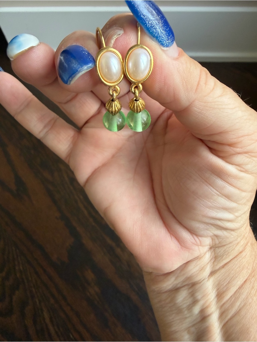 Gold-Tone Faux Pearl and Green bead Drop Earrings